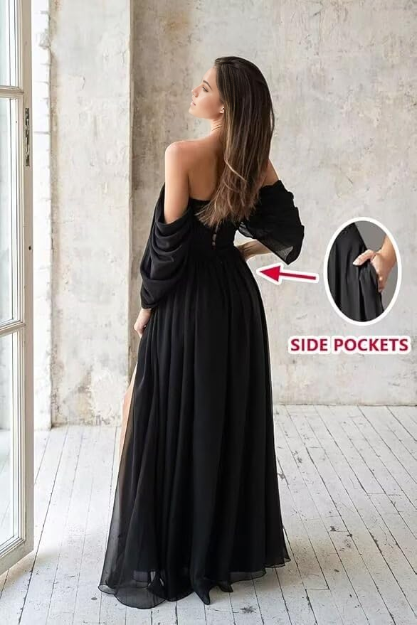 Vestido de noche formal con bolsillos y hombros descubiertos, corte A, vestido de fiesta con abertura